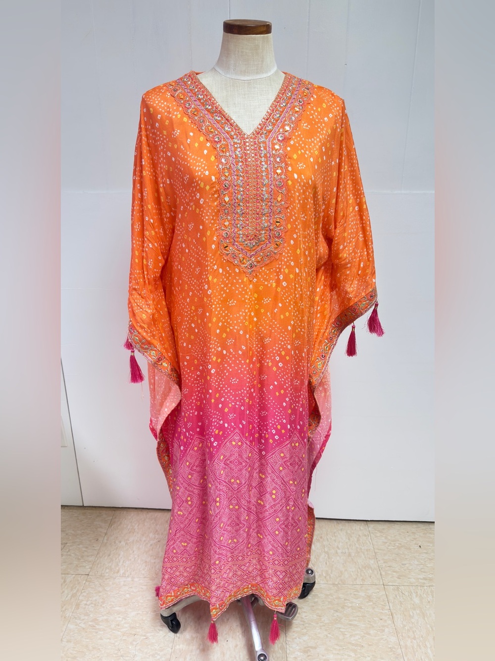 2 piece Orange and Pink Embroidered V-Neck Kaftan Dress